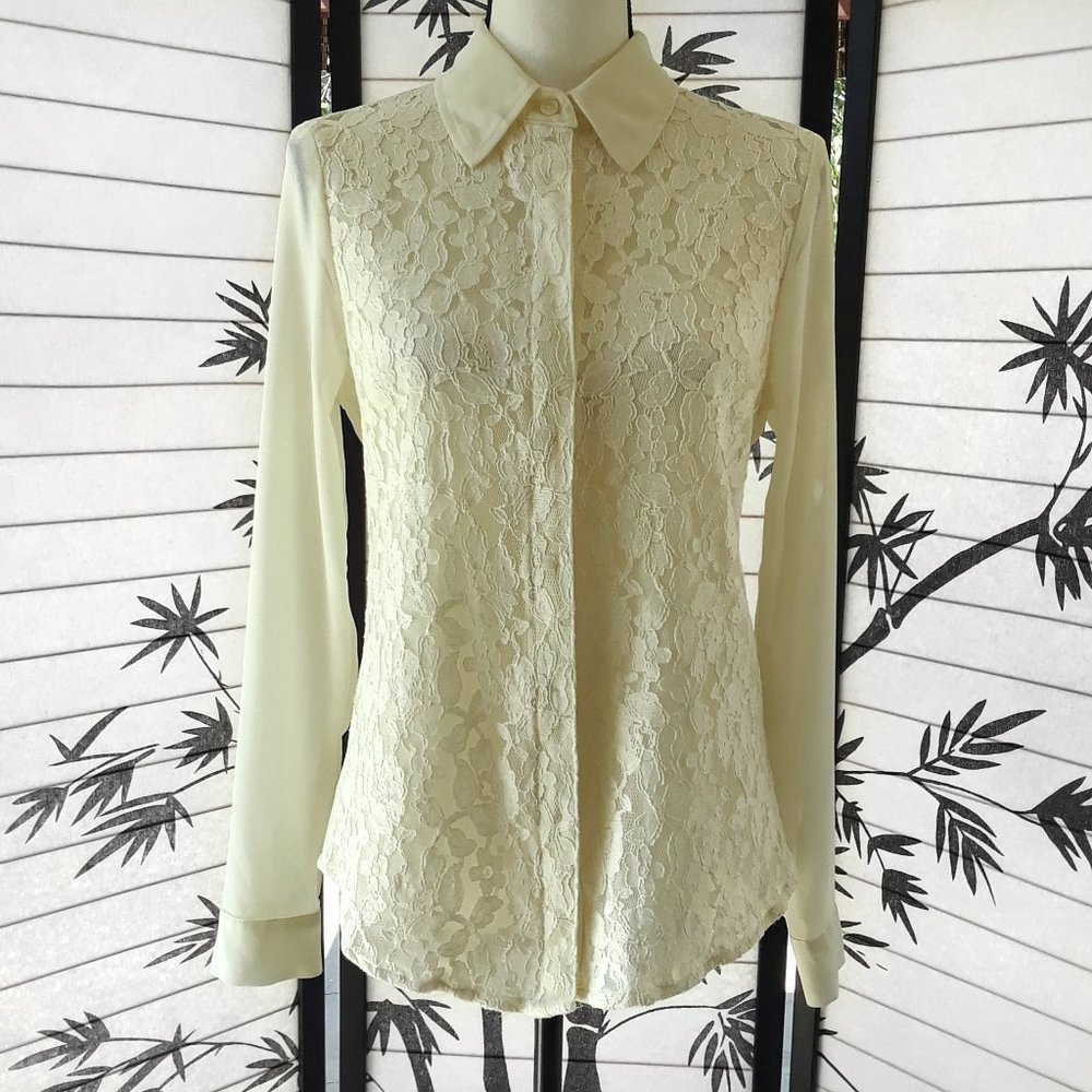 Elle Ivory Sheer Sleeve Lace Front Button Down Top